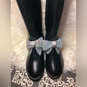 Kurt Geiger Elegant Black Knee-High Boots with Rhinestone Bow 2M